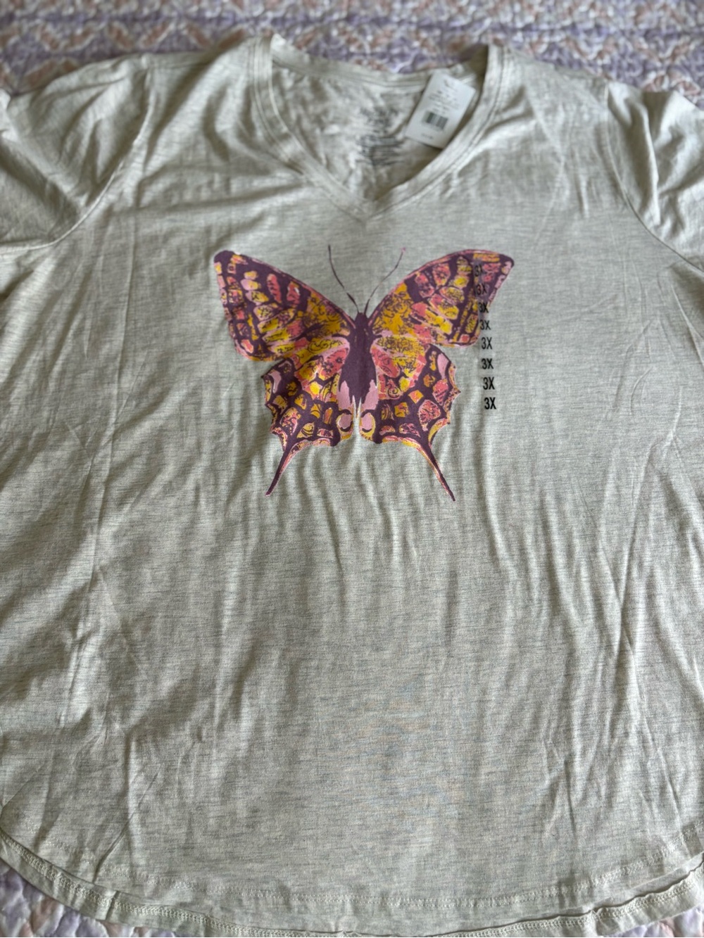 Kohl's Cream V-Neck Tee with Pink & Yellow Butterfly